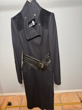 Gucci Black Long Wool Coat with Leather Belt